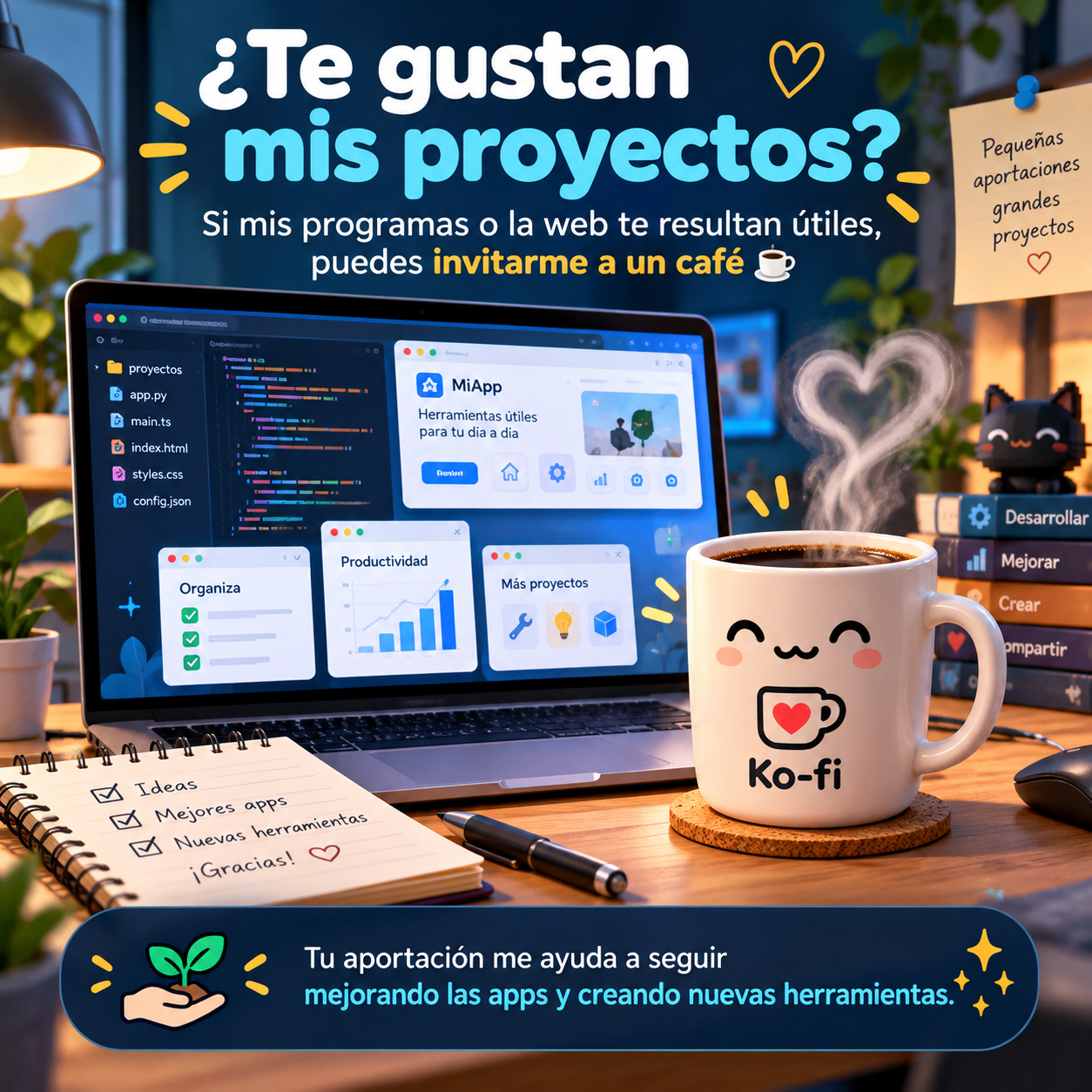 Illustration of a development workspace with a laptop and a Ko-fi mug. The Spanish message invites voluntary support for creating new tools.